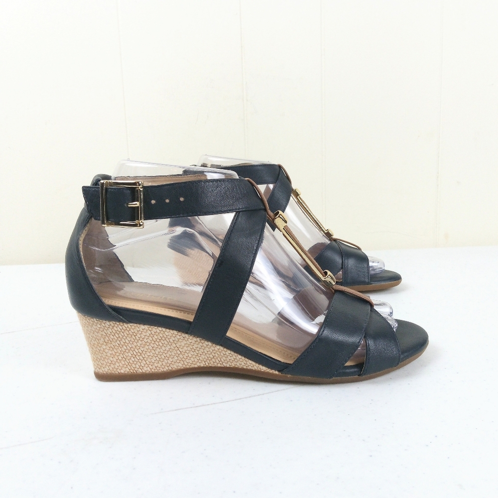 Nurture Wedge Sandals Women Size 6.5 Blue Leather Strappy Buckle T-Strap